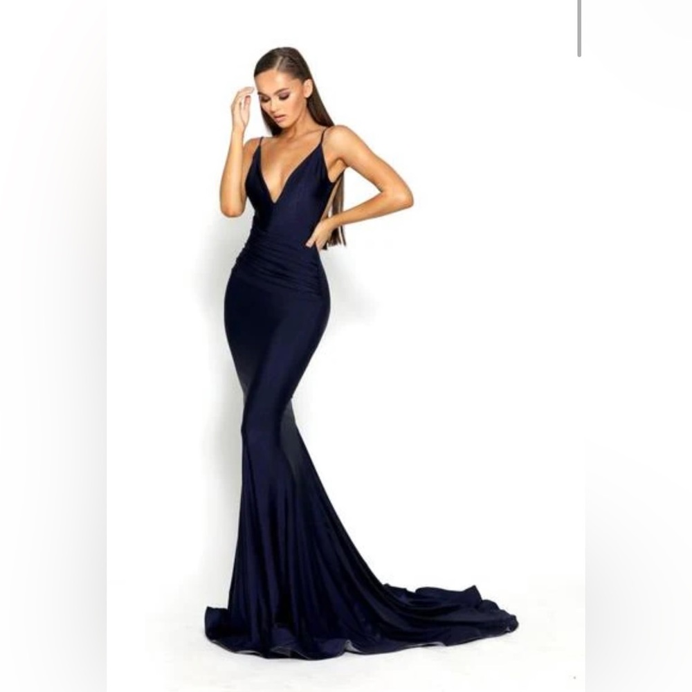 Fitted stretch satin long evening dress with low back and sweetheart neckline